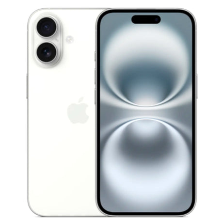 White Apple iPhone 16 showing both the front display and rear dual-camera design.