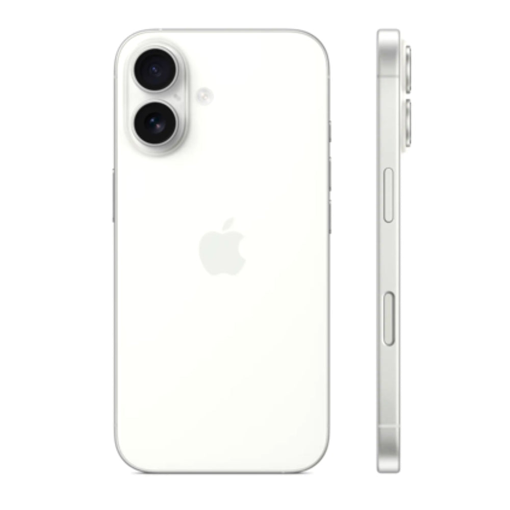 Side profile of white Apple iPhone 16 showcasing its slim design and flat edge.