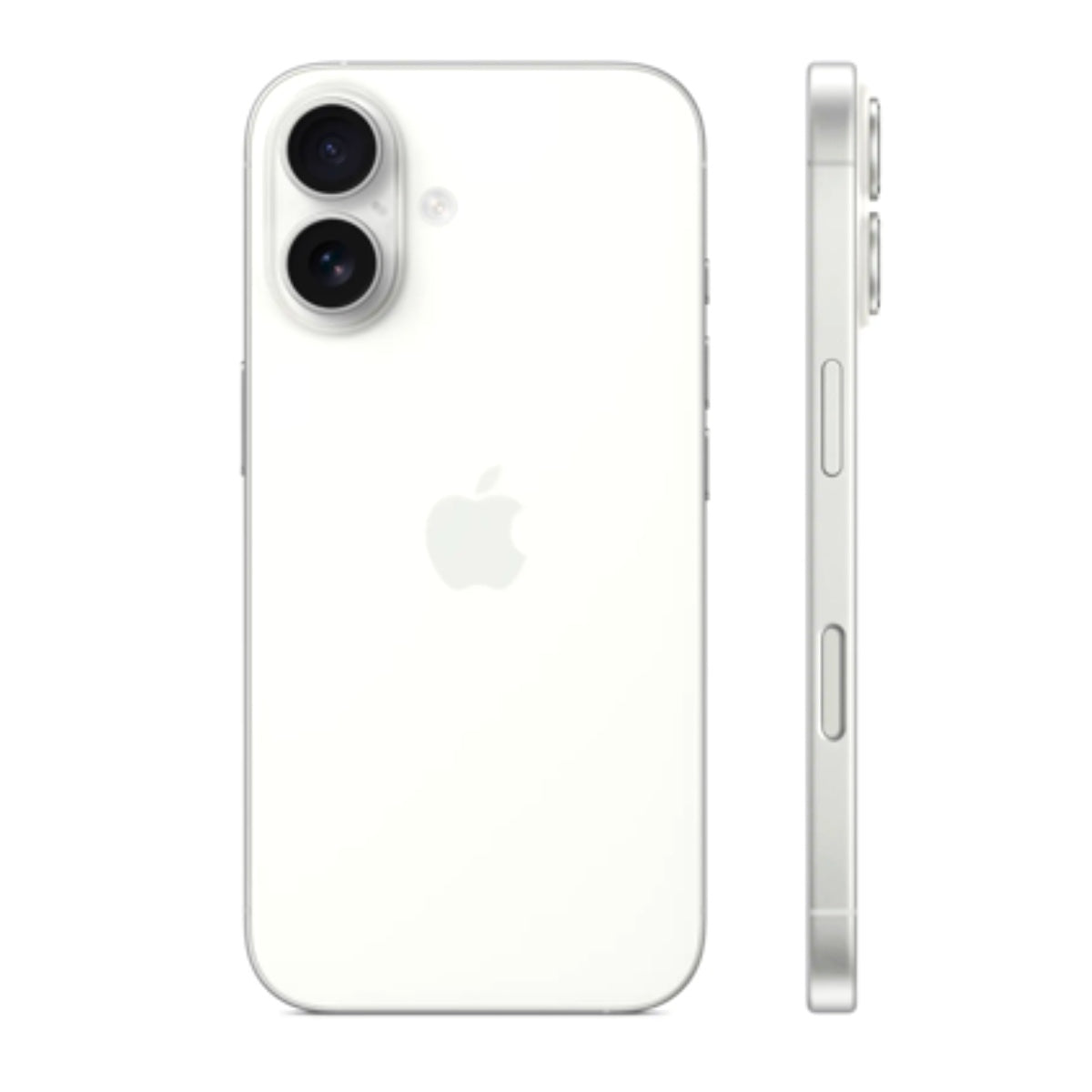 Side profile of white Apple iPhone 16 showcasing its slim design and flat edge.