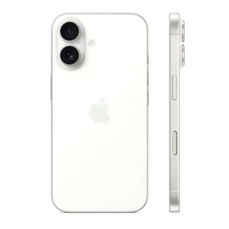 Side profile of white Apple iPhone 16 showcasing its slim design and flat edge.