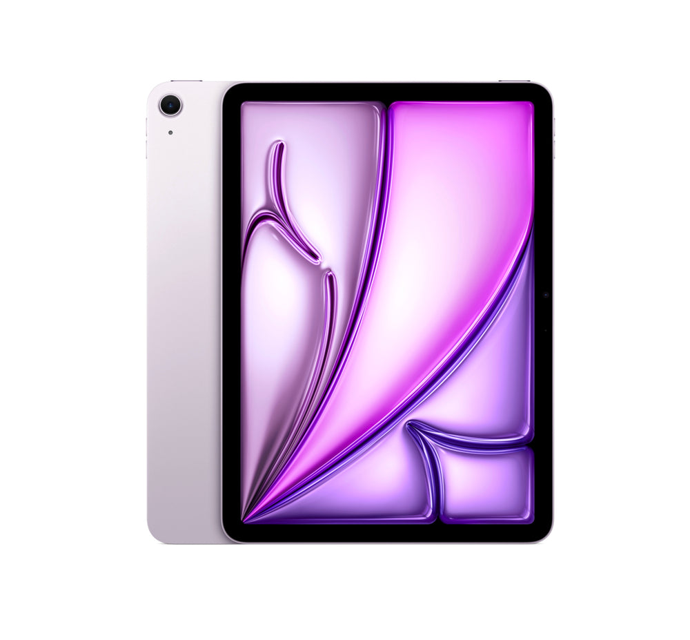 Purple Apple iPad Air 2024 shown from the front with glowing display and smooth rounded corners