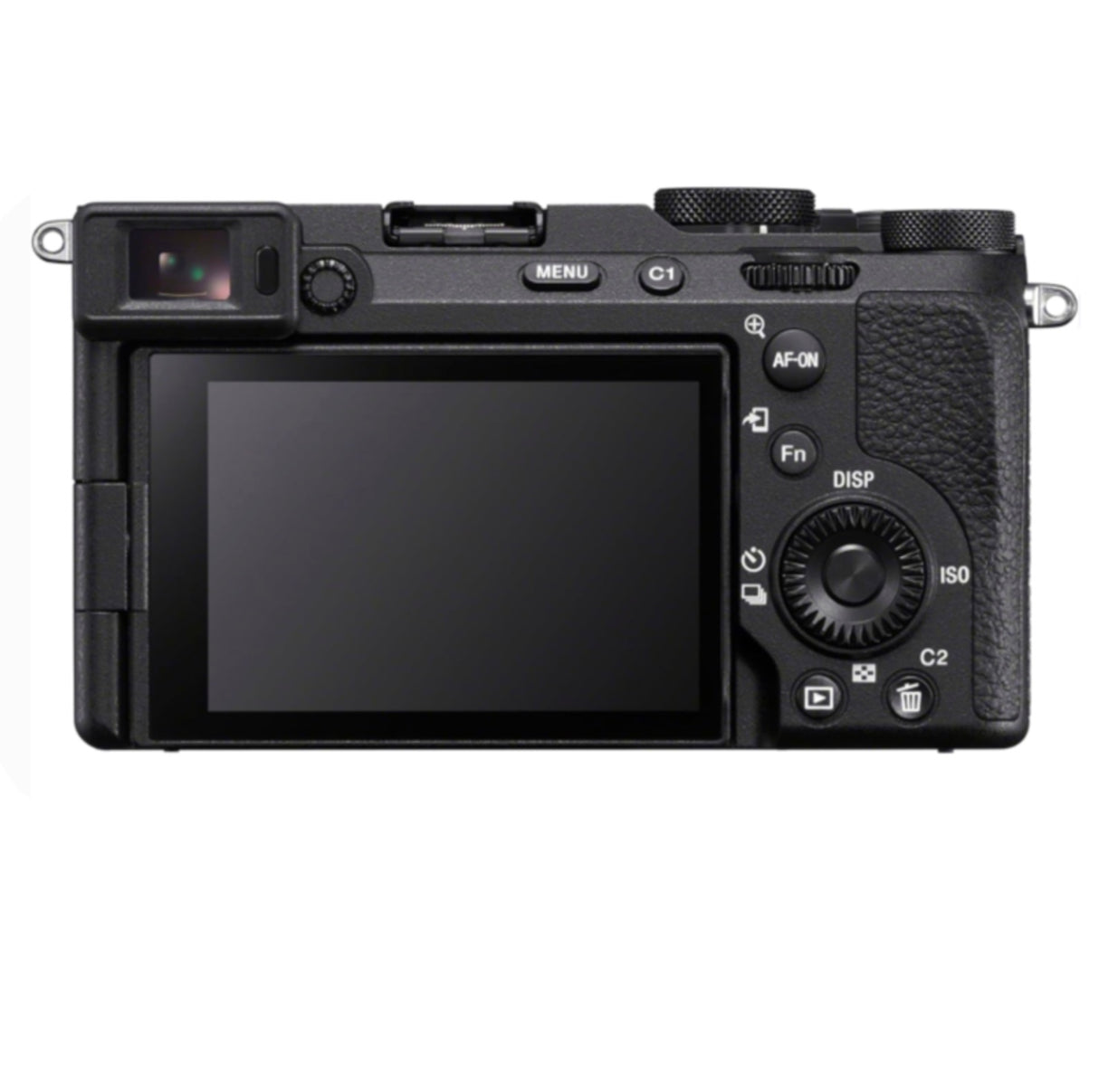 Close-up rear view of the Sony Alpha 7C II, showing its control dials, multi-function joystick, and ergonomic button placement.