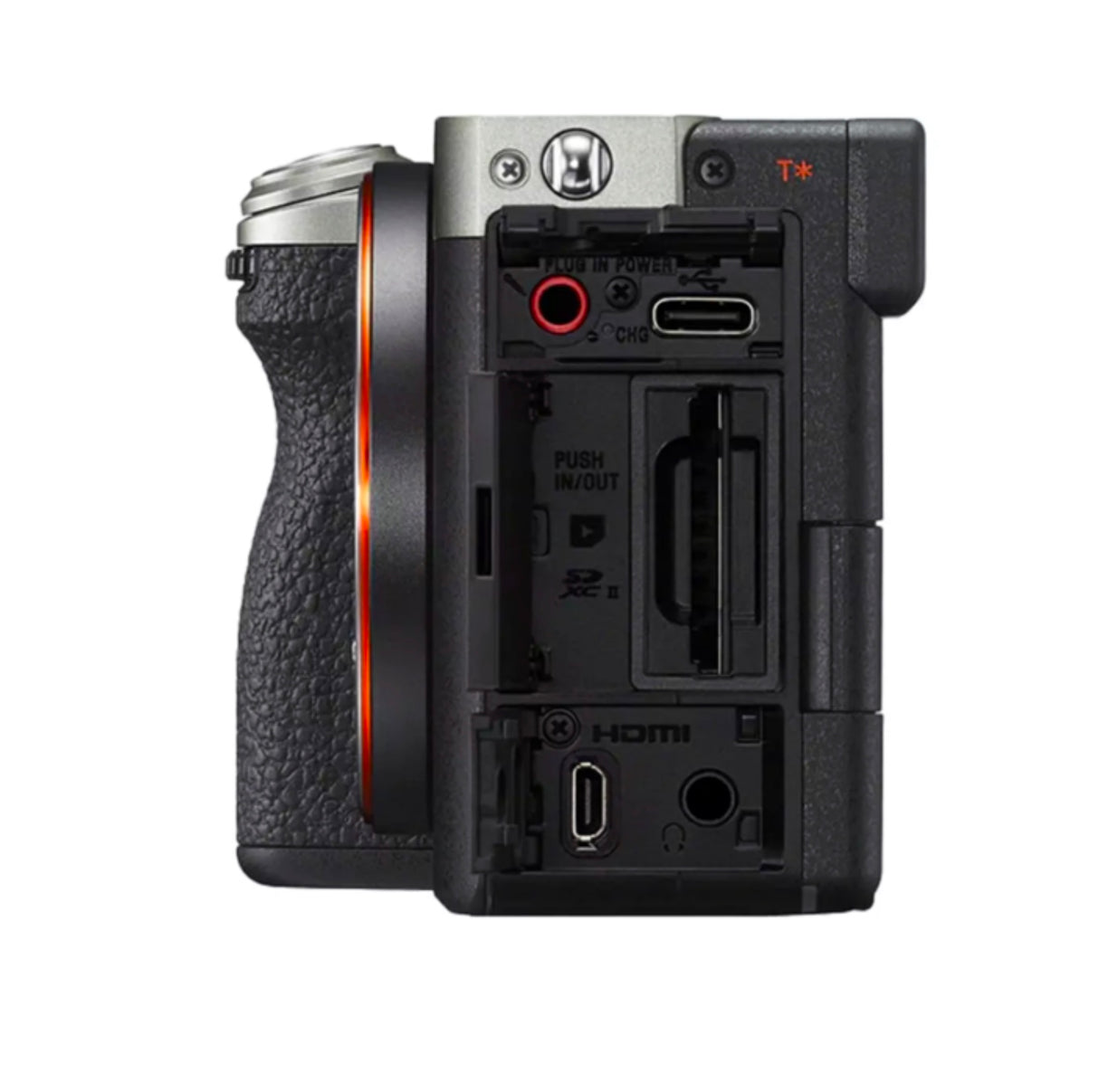 Side view of the Sony Alpha 7C II, highlighting its microphone, headphone jack, HDMI, and memory card slots for expanded connectivity.