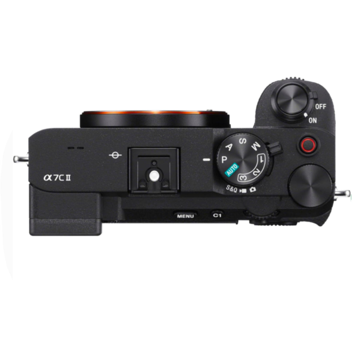 Top view of the Sony Alpha 7C II, showcasing the mode dial, shutter button, and compact form factor.