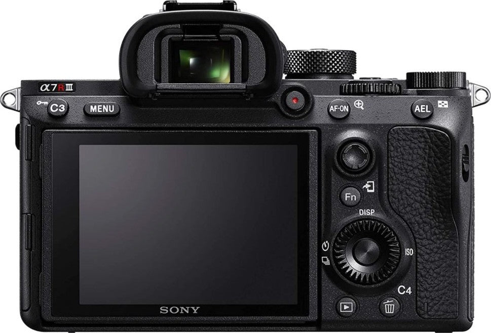 Back view of the Sony Alpha 7R III Mirrorless Digital Camera, showing the LCD screen, electronic viewfinder, and control buttons.