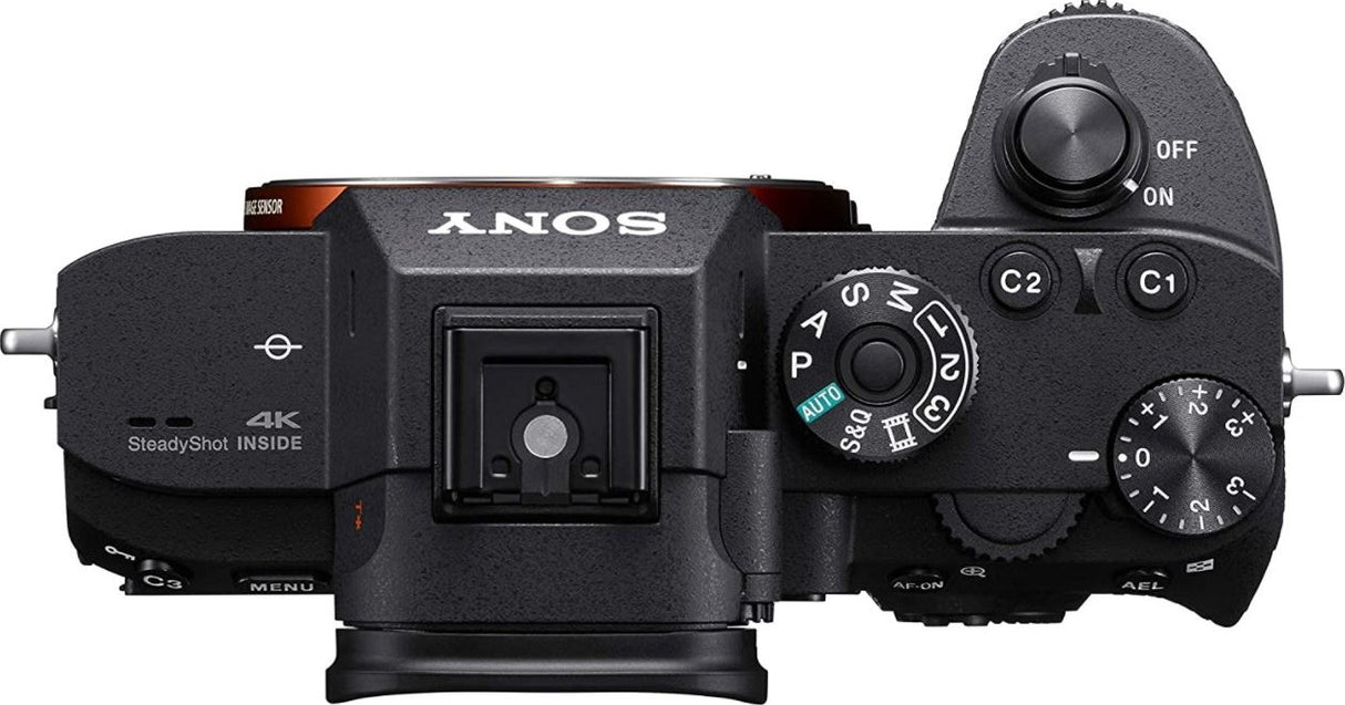 Top view of the Sony Alpha 7R III, highlighting the mode dial, shutter button, and control dials.