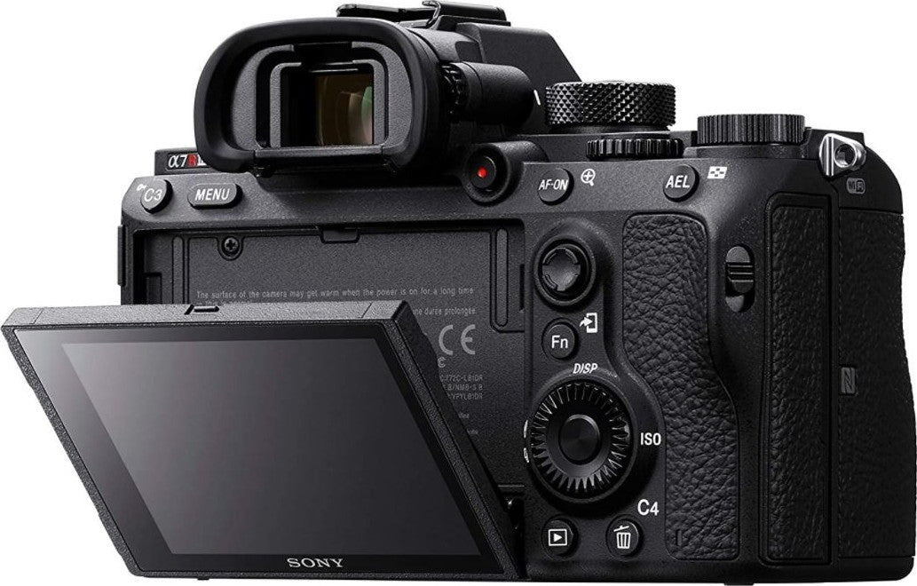 Sony Alpha 7R III with its rear LCD screen tilted outward, demonstrating its adjustable display for flexible shooting angles.