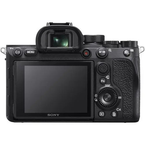 Back view of the Sony Alpha 7R IV Mirrorless Digital Camera, displaying the LCD screen, electronic viewfinder, and control buttons.