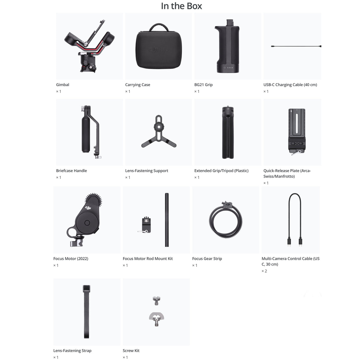 DJI RS 3 Combo with included accessories such as focus motor, briefcase handle, and extended grip/tripod