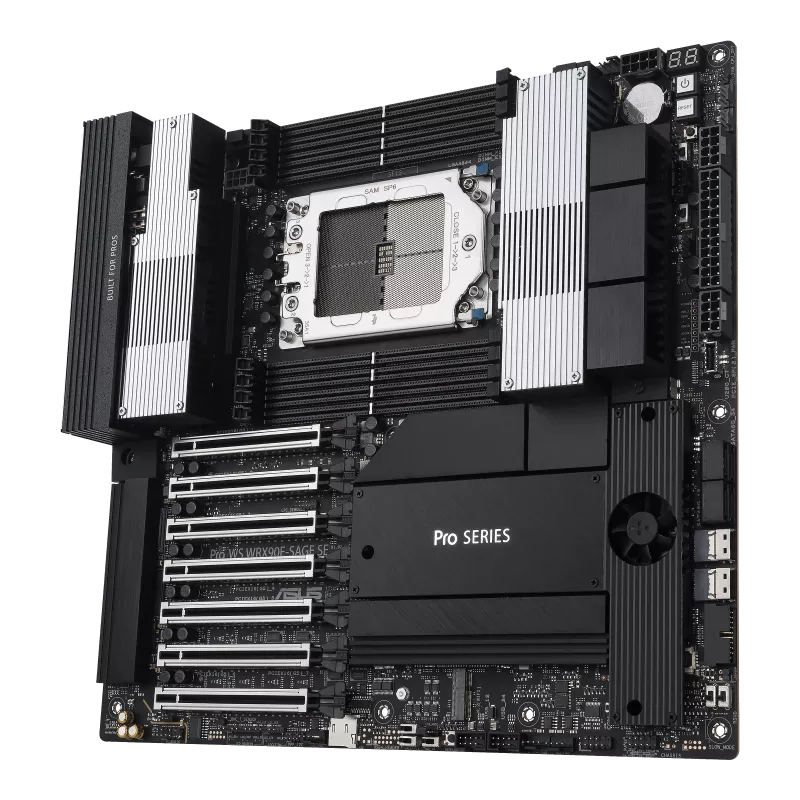 ASUS Pro WS WRX90E-SAGE SE AMD sTR5 EEB Workstation Motherboard 7 PCIe 5.0 x16 slots, multi-GPU support, robust 32+3+3+3 power-stage design, CPU and memory overclocking ready, 4 PCIe 5.0 M.2 slots, dual 10 Gb LAN, PCIe Q-Release Slim