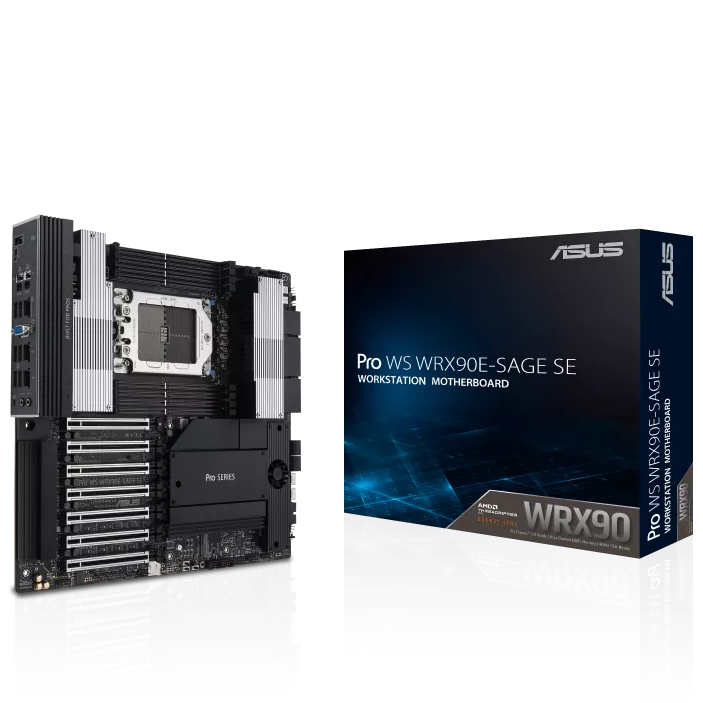 ASUS Pro WS WRX90E-SAGE SE AMD sTR5 EEB Workstation Motherboard 7 PCIe 5.0 x16 slots, multi-GPU support, robust 32+3+3+3 power-stage design, CPU and memory overclocking ready, 4 PCIe 5.0 M.2 slots, dual 10 Gb LAN, PCIe Q-Release Slim