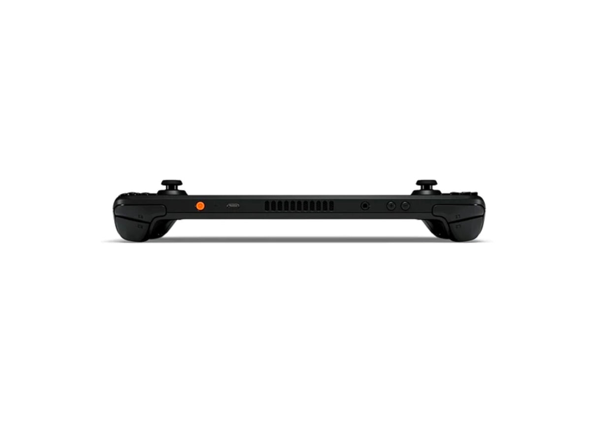 Side view highlighting the compact and lightweight build of the Steam Deck OLED.