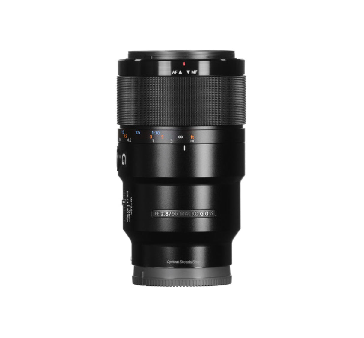Sony FE 90mm F2.8 Macro G lens on a white background