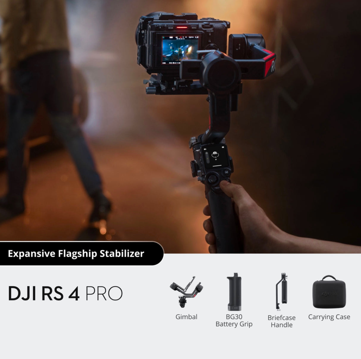 Contents of the DJI RS 4 Pro package, including the gimbal, battery grip, quick-release plate, tripod, and various cables and accessories.