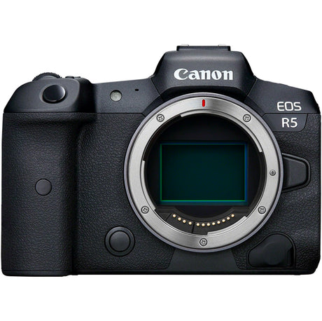 Front view of the Canon EOS R5 Mirrorless Camera Body showcasing its professional and robust design.