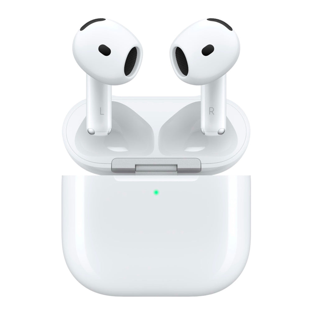 Apple AirPods 4 placed in open MagSafe charging case with LED indicator showing active status