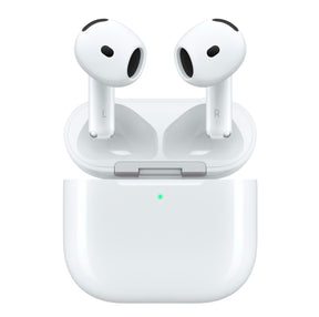 Apple AirPods 4 placed in open MagSafe charging case with LED indicator showing active status