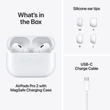 Apple AirPods Pro 2 box contents displayed with MagSafe Charging Case, USB-C cable, and small, medium, and large silicone ear tips