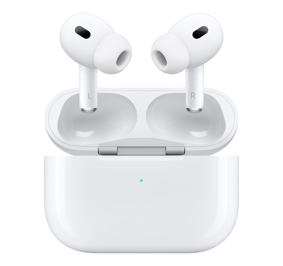 Apple AirPods Pro 2 USB-C model resting in open MagSafe charging case with visible green LED and left/right earbuds