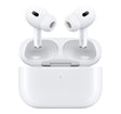 Apple AirPods Pro 2 USB-C model resting in open MagSafe charging case with visible green LED and left/right earbuds