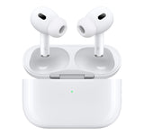 Apple AirPods Pro 2 USB-C model resting in open MagSafe charging case with visible green LED and left/right earbuds