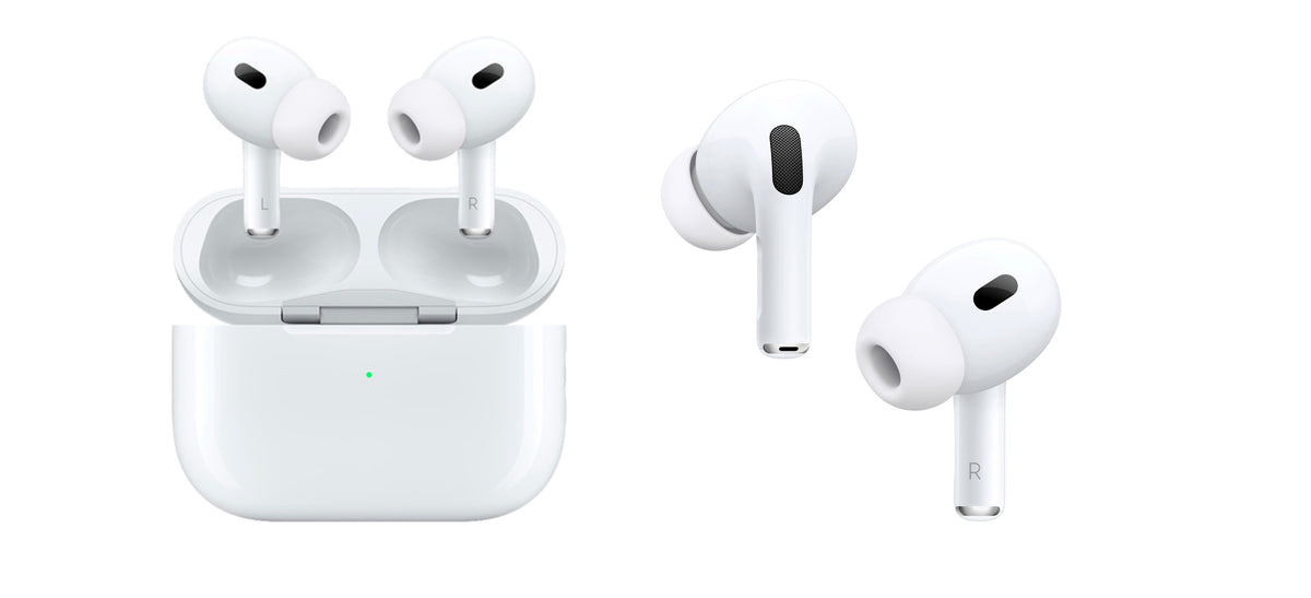 Apple AirPods Pro 2 shown inside MagSafe Charging Case with two earbuds displayed separately, showcasing USB-C model and silicone ear tips