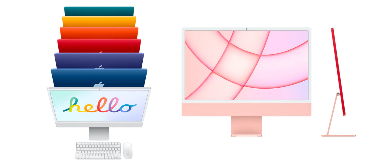 Apple iMac in all colors stacked together, pink iMac in the center front with side profile and full front view