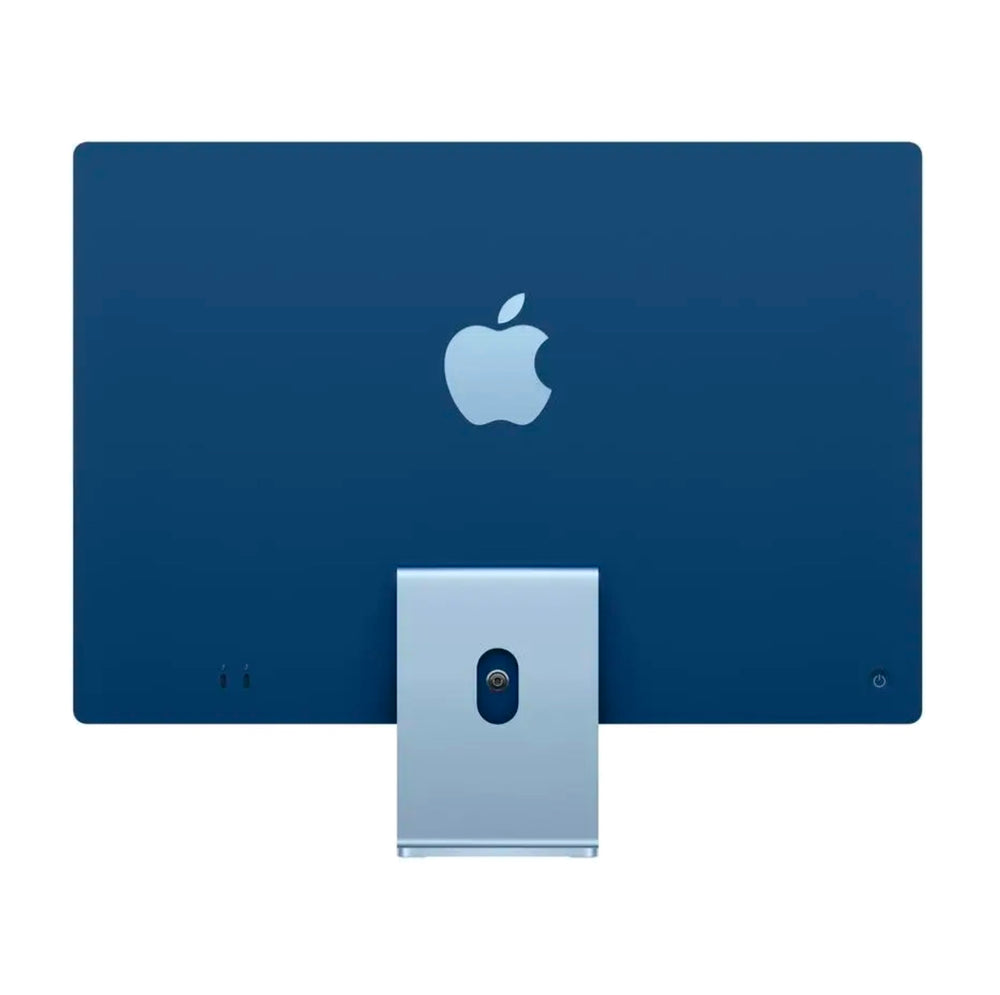 Blue Apple iMac 24-inch rear view showing Apple logo and aluminum stand