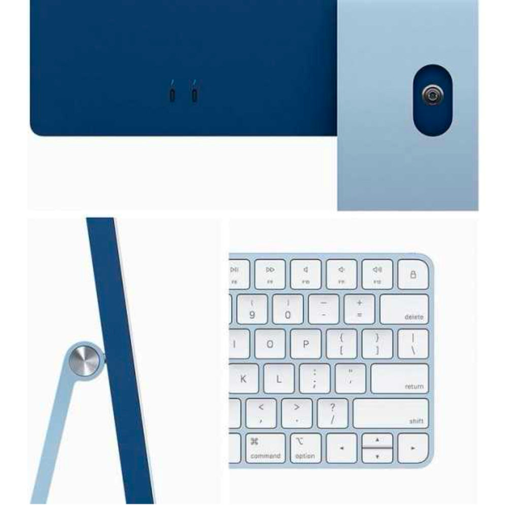 Back view of blue Apple iMac with matching Magic Mouse and Magic Keyboard