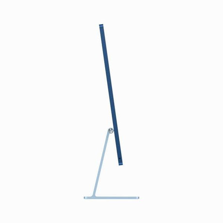Thin side angle of blue Apple iMac 24-inch showcasing sleek aluminum body and stand