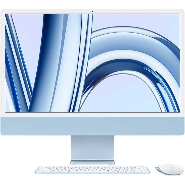 Front-facing view of Apple iMac 24-inch (Blue) with curved blue macOS wallpaper