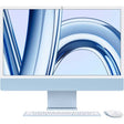 Front-facing view of Apple iMac 24-inch (Blue) with curved blue macOS wallpaper