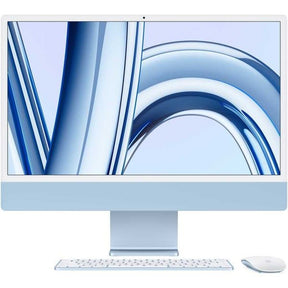 Front-facing view of Apple iMac 24-inch (Blue) with curved blue macOS wallpaper