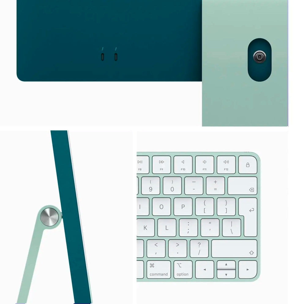 Green Apple iMac rear and angled view with accessories and aluminum leg stand