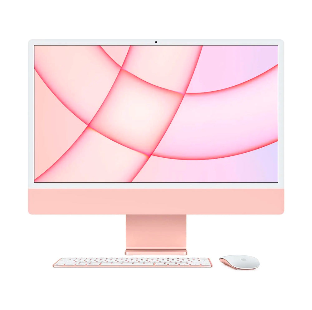 Front view of Apple iMac 24-inch in pink with Magic Mouse and Magic Keyboard, featuring a 4.5K Retina display