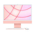Front view of Apple iMac 24-inch in pink with Magic Mouse and Magic Keyboard, featuring a 4.5K Retina display