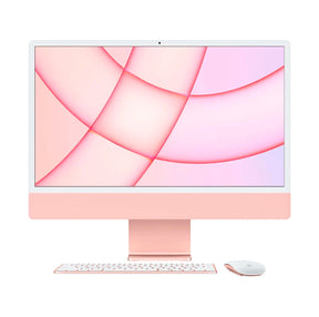 Front view of Apple iMac 24-inch in pink with Magic Mouse and Magic Keyboard, featuring a 4.5K Retina display