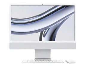 Silver Apple iMac 24-inch (M3) shown from front with matching Magic Keyboard and Mouse