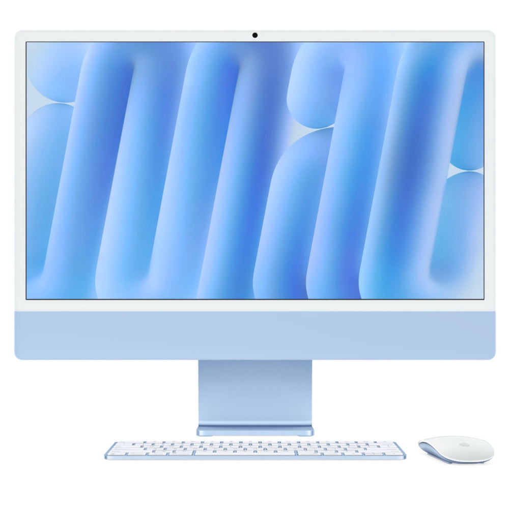 Front view of Apple iMac 24-inch (M4, 2024) in Blue with matching keyboard and mouse, featuring 4.5K Retina display