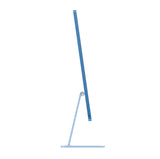 Slim side angle of Apple iMac 24-inch (M4) in Blue showing aluminum stand and sleek body
