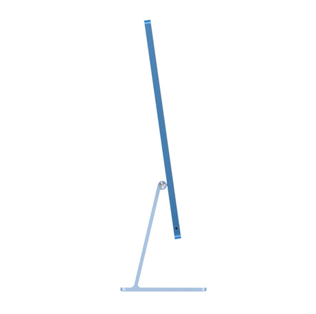 Slim side angle of Apple iMac 24-inch (M4) in Blue showing aluminum stand and sleek body