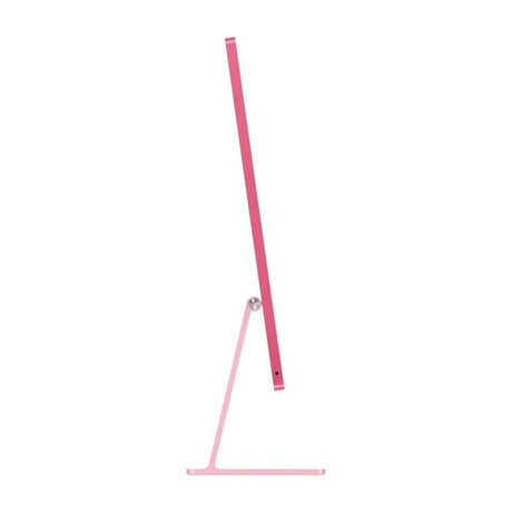 Slim side angle of Apple iMac 24-inch (M4) in Pink showing aluminum stand and sleek body