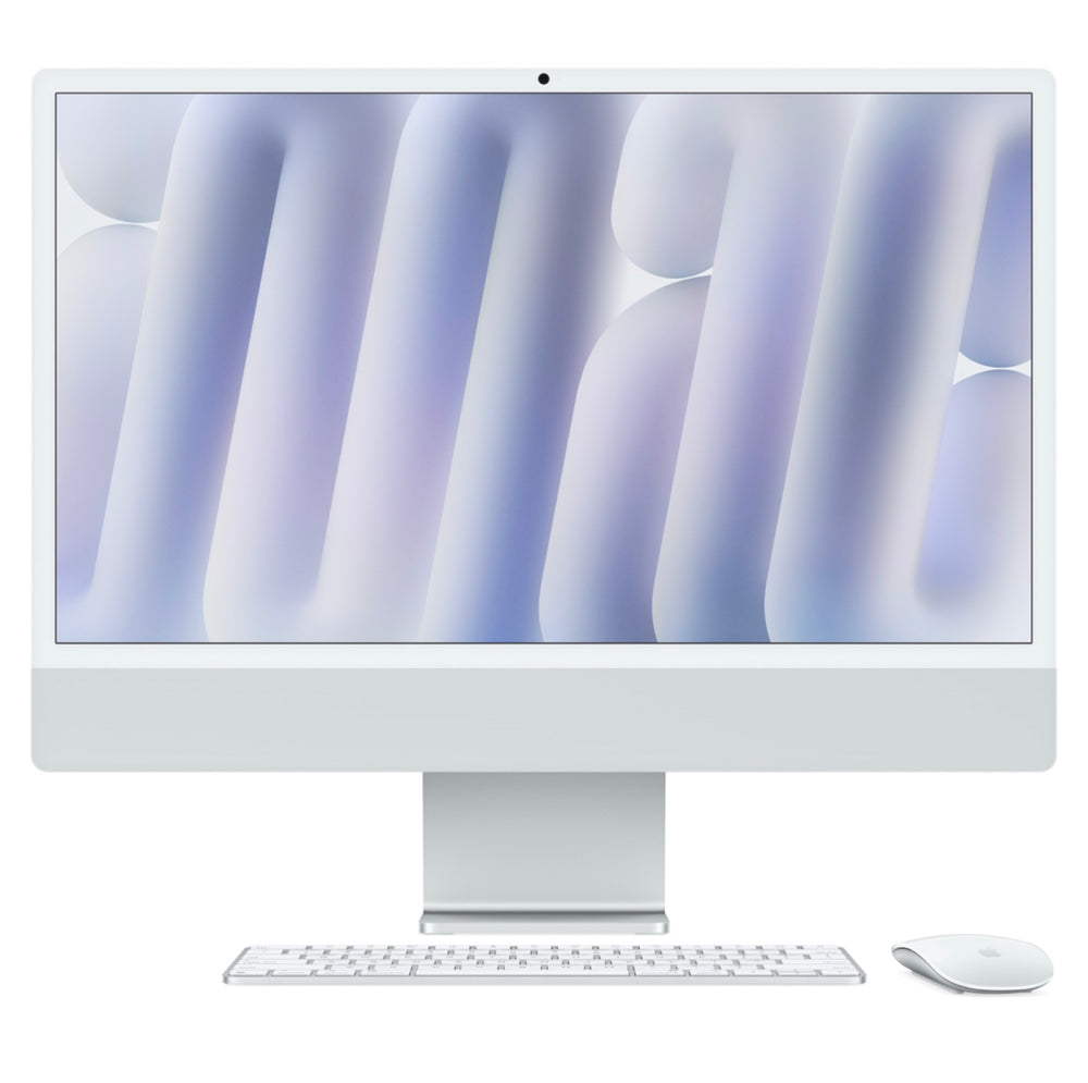 Silver Apple iMac 24-inch (M4, 2024) shown from the front with matching accessories and vibrant Retina screen