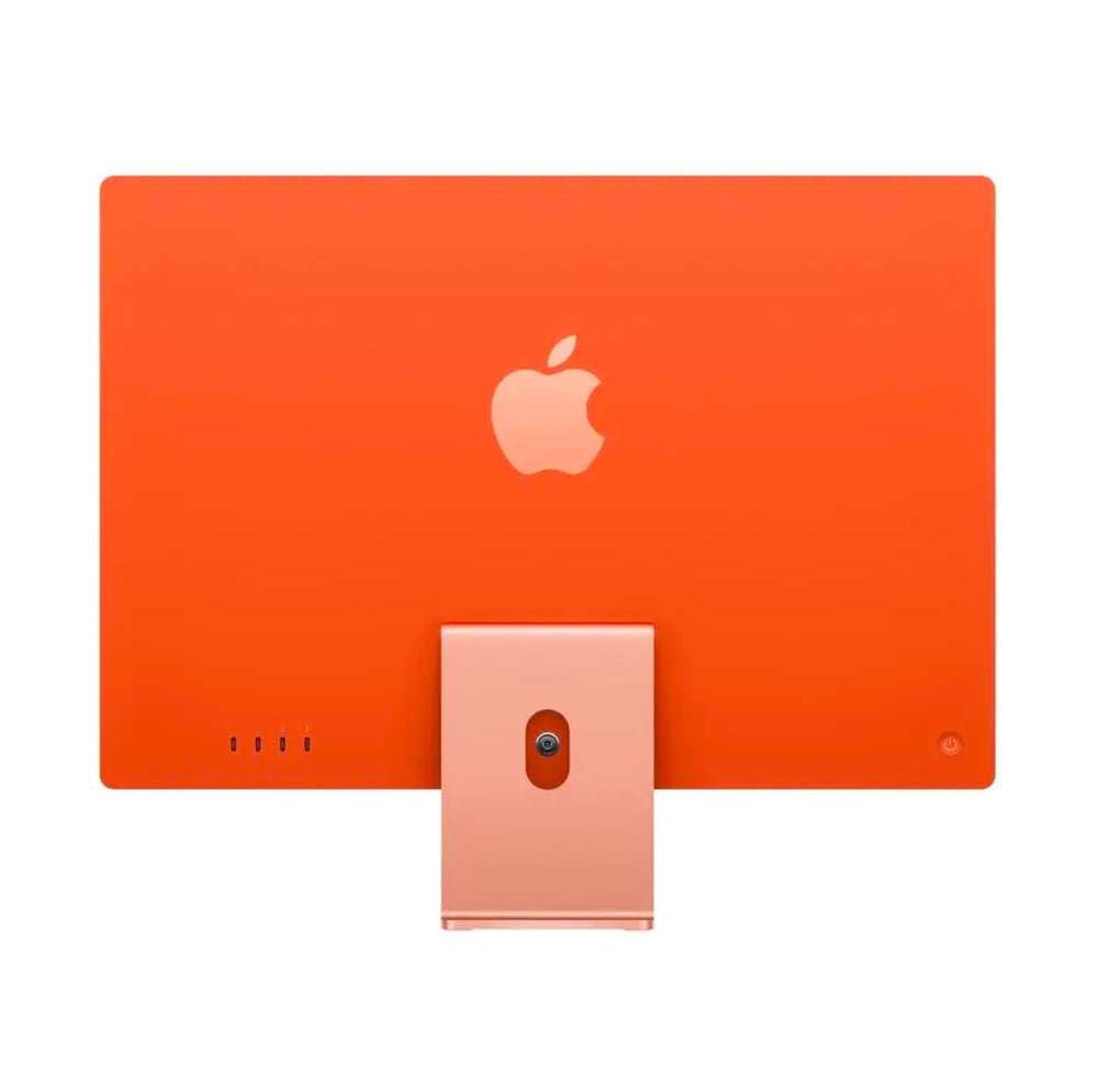 Rear side of orange Apple iMac 24-inch highlighting color-matched finish and aluminum Apple logo
