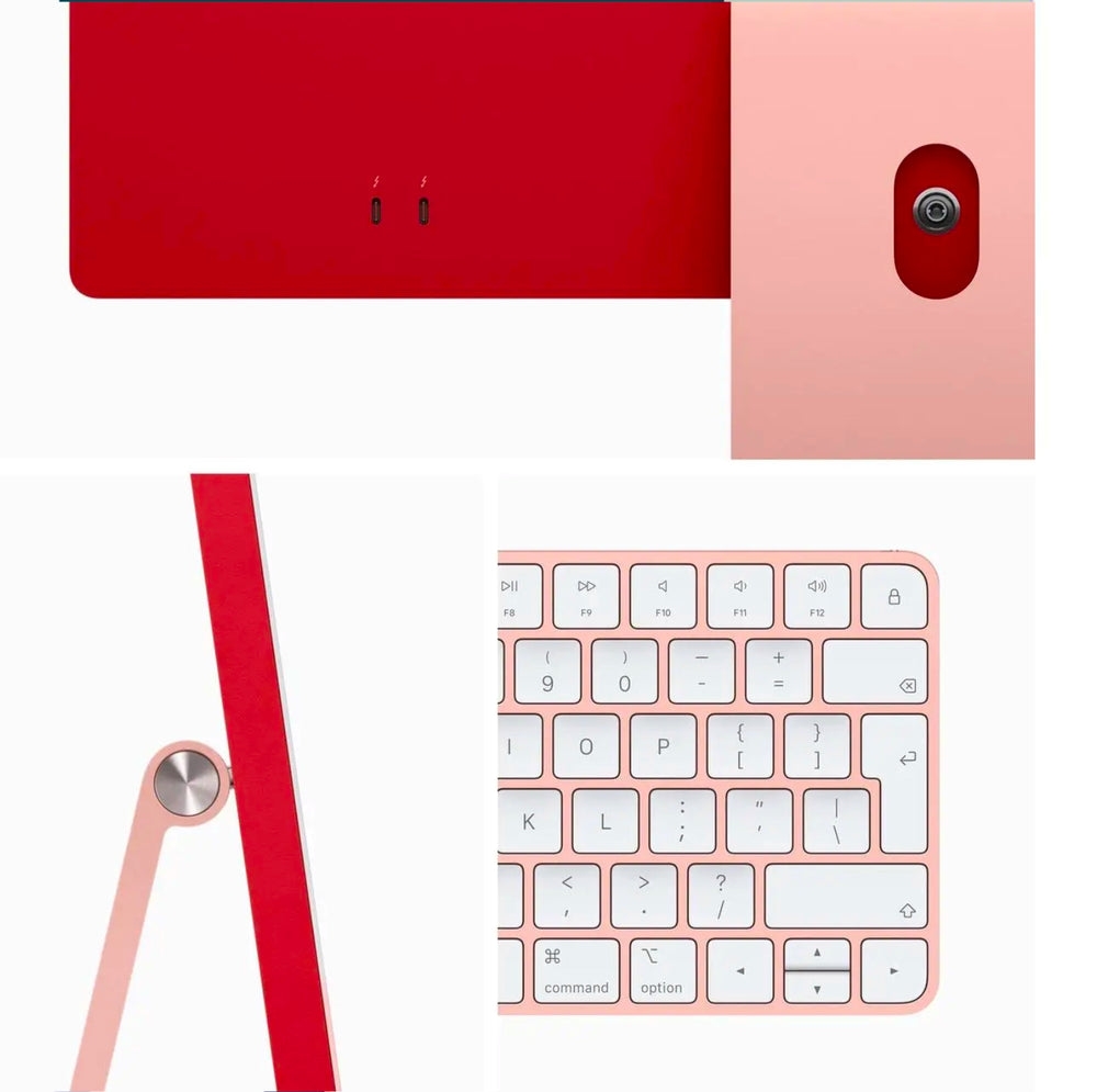 Rear of pink iMac 24-inch with Magic Keyboard and matching Magic Mouse