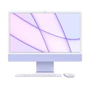 Apple iMac 24-inch in purple with vibrant 4.5K Retina screen and color-matched accessories