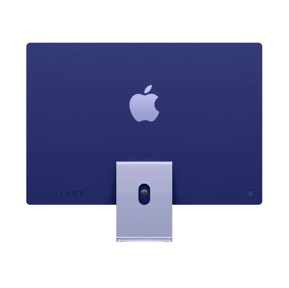 Back view of purple Apple iMac 24-inch showing anodized aluminum rear shell with Apple logo and desktop stand