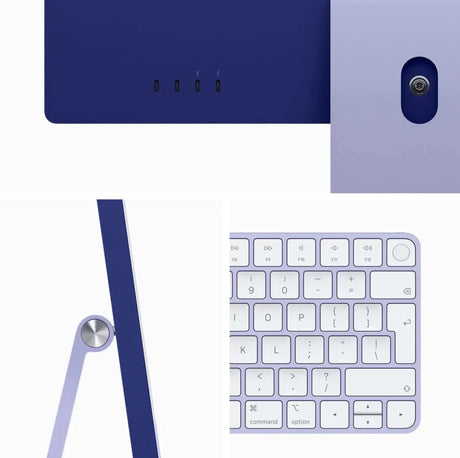 Back view of purple Apple iMac 24-inch showing aluminum shell and color-coordinated accessories