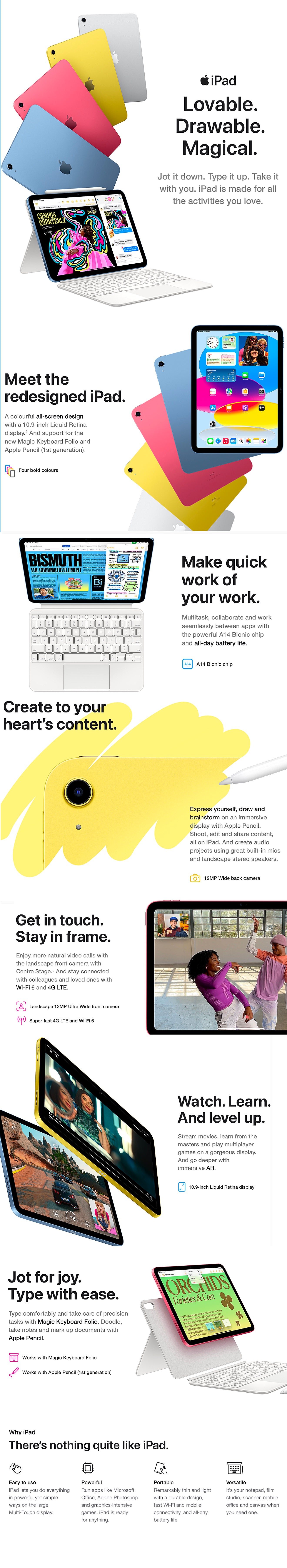 Vertical marketing banner showing Apple iPad 10th Gen features including A14 chip, multitasking, Apple Pencil support, and compatible accessories