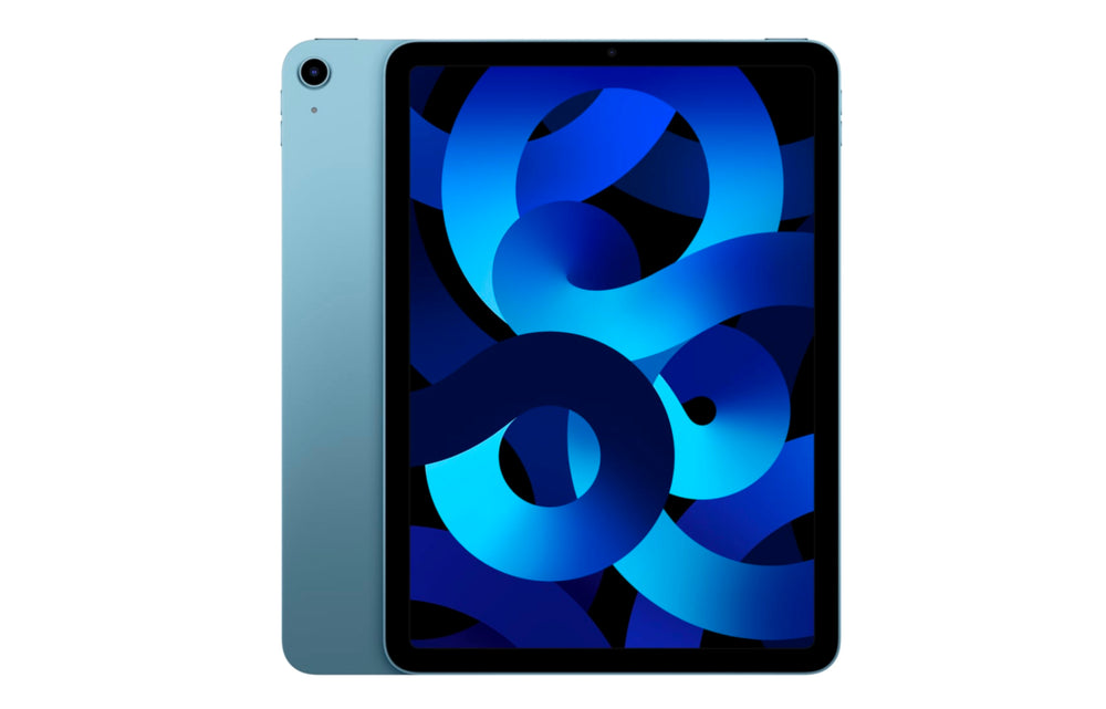 Blue iPad Air front view highlighting high-resolution display and matching chassis color